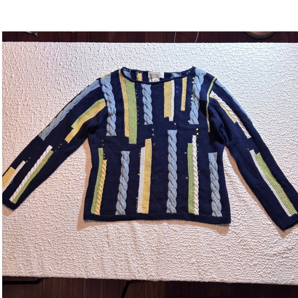 Y2K Susan Bristol Blue Multi Color Striped Cable Handknit Sweater w/sequins|M‎